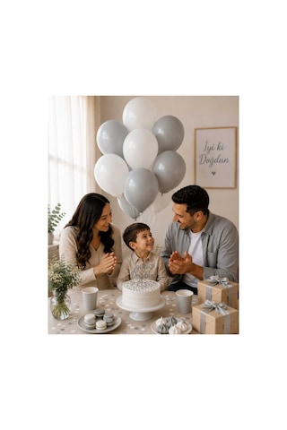 Beyaz & Gri Balon Seti 10'lu 5 Beyaz 5 Gri Doğum Günü Latex Parti Balonu Çok Renkli