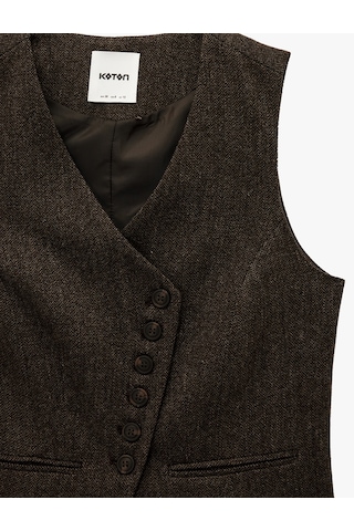 Koton Koton X Şahika Ercümen - Slim Fit Asimetrik Düğmeli Yelek Kahverengi Desenli 6wak20418ew Kahverengi Desenli