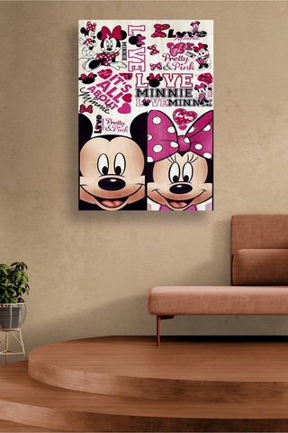 Mickey Minnie Aşk Tasarımlı Kolaj Desenli Pembe Temalı Eğlenceli Çizgi Karakter Kanvas Tablo