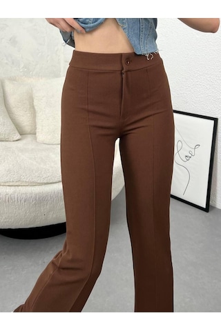 Kadın Yüksek Bel İspanyol Paça Krep Kumaş Pantolon Slim Fit Şık Pantolon Kahverengi