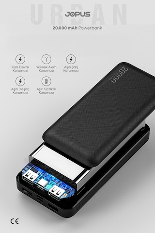 Jopus 20000mah Powerbank - Led Işık Göstergeli - Taşınabilir Şarj Cihazı Siyah