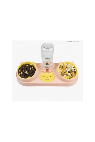 Pembe Kedi Köpek Mama Ve Su Kabı Seti Otomatik Su Hazneli Çift Mama Kabı 42x16,5 Cm