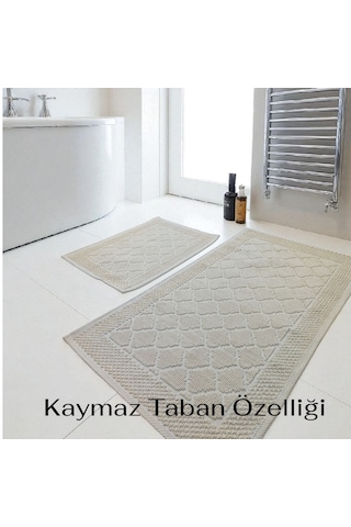 Banyo Pamuk Paspas Seti, Kaymaz Taban, Şık Ve Dayanıklı 60x100 / 60x50 Ölçülerinde Krem