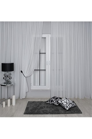 Mikro İpek Vual Pilesiz Düz Tül Perde Ekru Beyaz