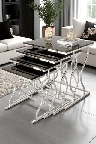 Limbo 4'lü Kare Zigon Sehpa Seti Gold Ayak, Krem Mdf Siyah-krom