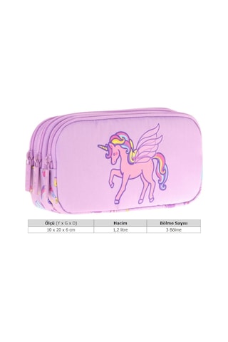 Kaukko Kids Üç Bölmeli Lila, Unicorn, Kız Çocuk Okul Kalemliği - L8221 Lila