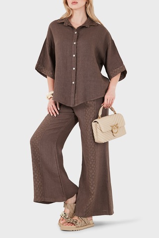 Via Dante % 100 Keten Relaxed Fit Brode İşlemeli Pantolon Bayan Pantolon 69912211 Kahve