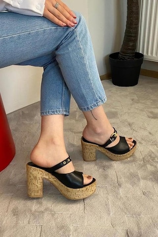 Asmi Shoes Kadın Tena Mantar Taban Platform Topuklu Terlik 10 Cm Snd456 Siyah Siyah