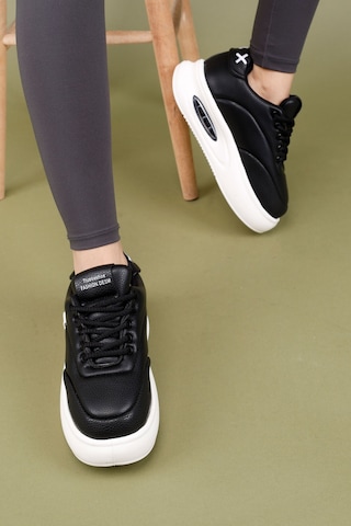 Markasende Erg Kadın Siyah Beyaz Air Kalın Tabanlı Sneaker Rahat Spor Ayakkabı Deri Görünümlü Siyah