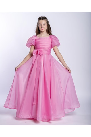 Kız Çocuk/genç Yeni Moda Parlak Kumaş Omuz Detaylı Tam Kalıp Abiye Elbise 5416-pembe Pembe