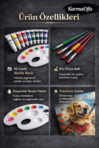 Premium Akrilik Boya Seti 10 Canlı Akrilik Renk Tüp + Resim Paleti + 4 Lü Fırça Seti Beyaz