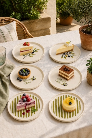 Oliva 6 Lı Stackable Seramik Pasta Tabağı Seti 20 Cm Zeytin Desenli Tatlı Ve Servis Tabağı Beyaz