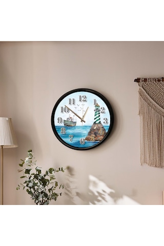 Deniz Feneri Ve Balıkçı Teknesi Temalı Dekoratif Duvar Saati 28 Cm Sessiz Mekanizma Çok Renkli
