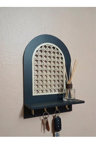 Rattan Rattan Desenli,Anahtar Askılıklı Raflı Duvar Organizeri Siyah