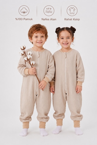 Babyhola Çocuk Uyku Tulumu 1-8 Yaş Unisex Uzun Kollu 1 Tog %100 Pamuk Müslin 2706 Bej