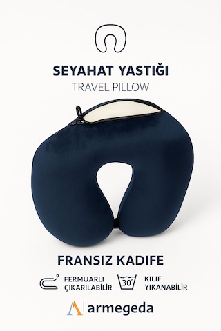 Armegeda Fransız Kadife Seyahat Yastıgı Nar Kırmızısı Yastık Lacivert