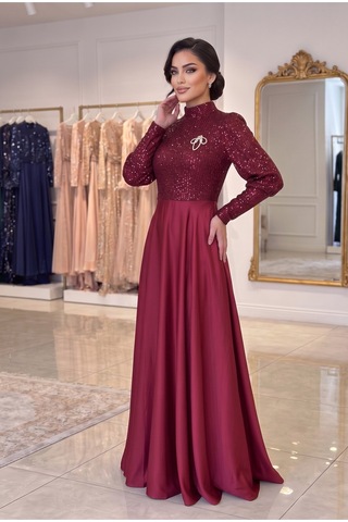 Dorne Moda Üstü Pul Paletli Altı Saten Kloş Detaylı Mezuniyet Ve Nişan Abiye Elbise Bordo Bordo