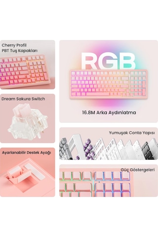 Aula F99 Mekanik Rgb Dream Sakura Switch 3 Modlu Kablosuz Makrolu Hot Swap Klavye Gradyan Pembe