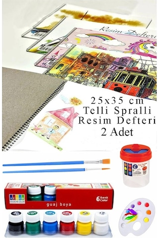 6 Renk Guaj Boya Südor 25x35 Cm Telli Spralli Resim Defteri Palet Resim Fırçası 15 Yaprak Guajboya Resim Defteri Çok Renkli