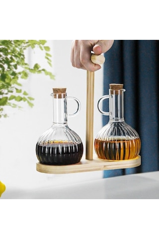 2'li Bambu Stand İle Cam Yağdanlık Ve Sirkelik Seti, Yemek Masası Ve Sofralarınız İçin Bambu Standlı Şık Masa Üstü Yağ Ve Sirke Şişeleri