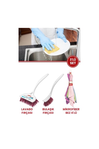 Flora 3 Lü Temizlik Seti, F367 Bulaşık Fırçası + F388 Lavabo Küvet Fırçası + F222 Mikrofiber Bez Seti