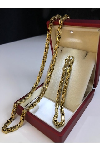 4.5mm Sarı Altın Kral Erkek Çelik Set Işıklı Kutuda Sevgiliye Eşe Babaya Bileklik Kolye Sarı