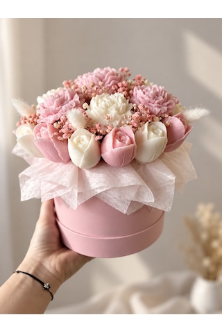 Pastel Gül Mum Buketi Krem Silindir Kutulu Pembe