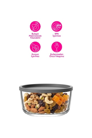 Lav Round Cam Saklama Kabı Tekli Küçük Boy 380 ml Yuvarlak Gri Plastik Kapaklı (Kahvaltılık )
