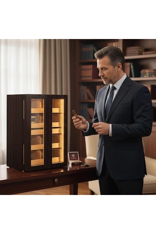 Elektronik Nemlendiricili Camlı 4 Çekmeceli Işıklı Puro Kutusu Humidor Abanoz 200's