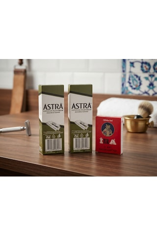 Astra Platinum Çift Taraflı Yaprak Jilet 200 Adet 2 Kutu + İ.h.a. Kalem Kantaşı 12'li Set Klasik Tıraş Seti