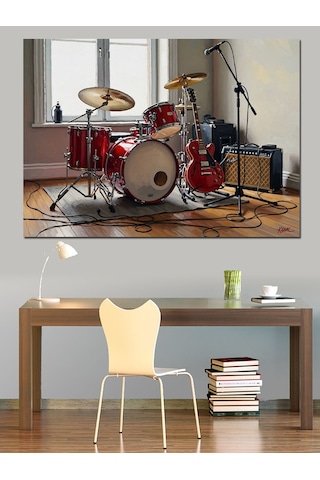 Kırmızı Bateri Seti Ve Müzik Dekoratif Kanvas - Mdf Ahşap Tablo