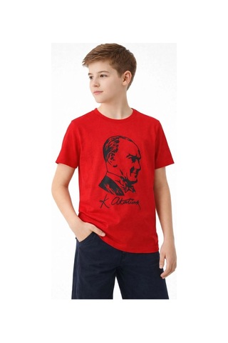 Wear Vexel Erkek Çocuk Atatürk Baskılı Tişört Kısa Kollu Bisiklet Yaka T-shirt - Kırmızı Çok Renkli
