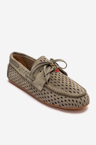 Luvishoes Stevo Yeşil Süet Hakiki Deri Delikli Bağcıklı Kadın Loafer Ayakkabı