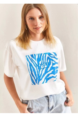 Baskılı Basic Bisiklet Yaka Örme T-shirt Önü Mavi