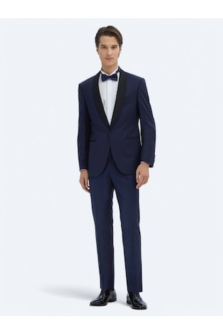 Kip Saks Düz Modern Fit Kelebek Yaka Dokuma Smokin Takım Elbise Saks