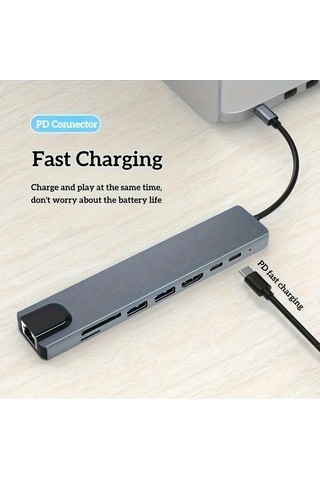 Fastbuy Dream011 Alüminyum Alaşım 8i 1 Arada Usb C Hub, Tip Cden 4k Hd Tv Adaptörü, Rj45 Okuyucu, Hızlı Şarj Cihazı