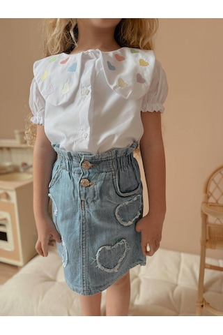 Jolly Kids Kız Çocuk Kalp Nakışlı Kot Etekli Takım Beyaz