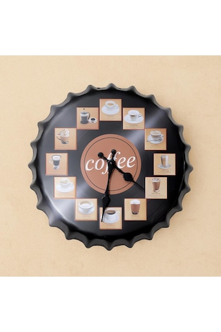 Cajuart Kahve Çeşitleri Metal Kapak Şeklinde Kabartma Duvar Saati Siyah