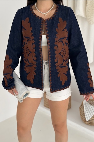Femelle Kadın Lacivert Vintage Nakışlı Kot Denim Ceket Kahverengi