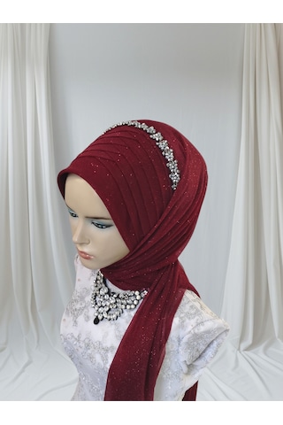 Aksesuarlı Bordo Tektek Model Hazır Duvak Hazır Şal Hazır Türban