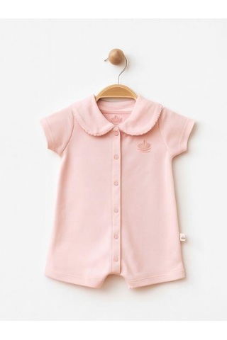 Zekids Kız Bebek Bebe Yakalı Organik Pamuklu Kısa Kol Şort Tulum-15918 Pembe
