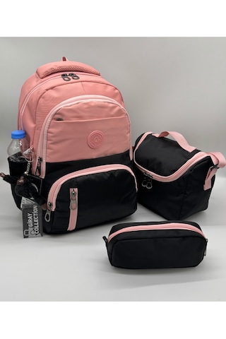 İlk Okul Çantası 3'lü Seti Unisex Çocuk İlkokul Çantası Gry-8010 Pudra-siyah Pembe