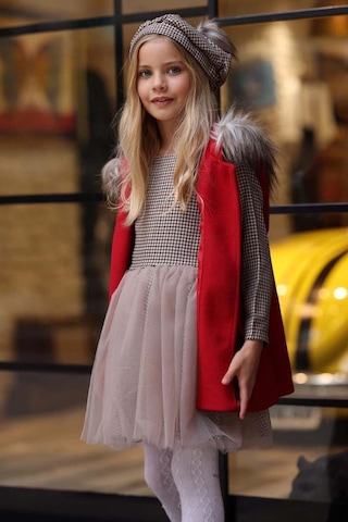 Riccotarz Kız Çocuk Üzeri Kare Desenli Eteği Tüllü Elbise Kürk Detaylı Kolsuz Kırmızı Kaşe Kırmızı