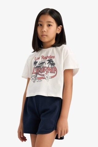 DeFacto Kız Çocuk Pamuklu 2'li Takım Baskılı Kısa Kollu Tişört Beli Lastikli Şort E7318A825HSER105 Ekru