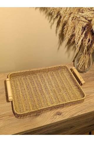 Hasır Rattan Sunum Tepsi Bambu Kulplu Orta Boy Dikdörtgen Diğer