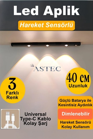 Astec Dolap Ve Masa Altı Led Aydınlatma Şarjlı Sensörlü 3 Renk Usb Çok Renkli