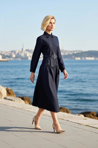 Benerly Kadın Maxi Elbise Yaka Uzun Standart Kol Dökümlü Kemerli Denim Ri Mavi