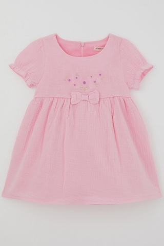 Breeze Kız Çocuk Elbise Çiçek Nakışlı Kolları Lastikli Fiyonk Aksesuarlı 1-4 Yaş , Pembe