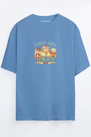Street Cats - Sokak Kedileri Siyah - Beyaz Oversize T-shirt Mavi