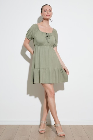Lela Önü Büzgülü Balon Kollu Mini Bayan Elbise 5869005 Olive